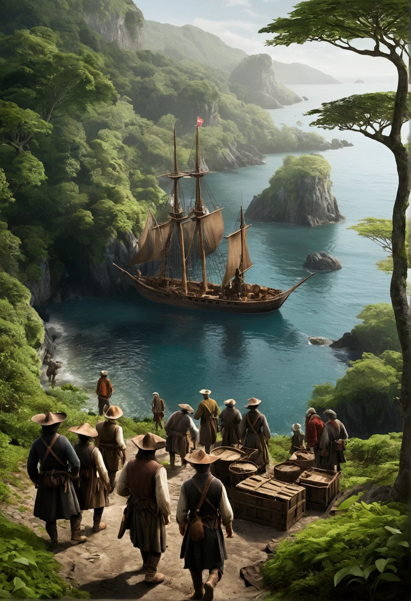 Create an image of 16th-century colonists disembarking from wooden ships onto a remote island. The scene captures the moment they step onto the shore, wearing period-accurate clothing such as heavy cloaks, tricorn hats, and boots. Some are carrying supplies like crates, barrels, and tools, while others survey the rugged, untouched landscape with a mix of determination and uncertainty. The background features dense forests and rocky terrain, with the ships anchored nearby in the calm, misty waters. The overall atmosphere should convey the sense of adventure, hope, and the unknown as they begin their new settlement.