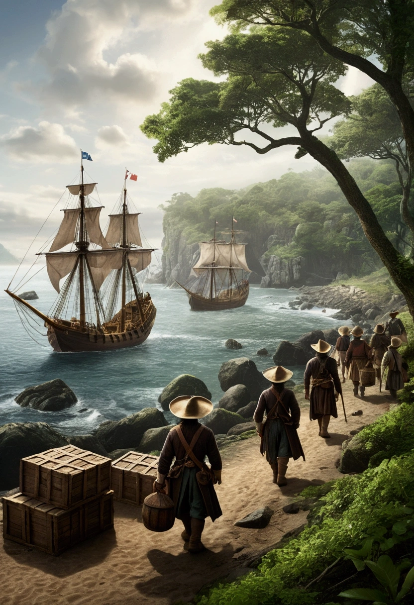Create an image of 16th-century colonists disembarking from wooden ships onto a remote island. The scene captures the moment they step onto the shore, wearing period-accurate clothing such as heavy cloaks, tricorn hats, and boots. Some are carrying supplies like crates, barrels, and tools, while others survey the rugged, untouched landscape with a mix of determination and uncertainty. The background features dense forests and rocky terrain, with the ships anchored nearby in the calm, misty waters. The overall atmosphere should convey the sense of adventure, hope, and the unknown as they begin their new settlement.