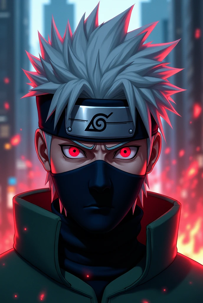 Kakashi hatake in chicago , angry mood ,half photo , one eye sharingan, white hair , realistic red and blue light,