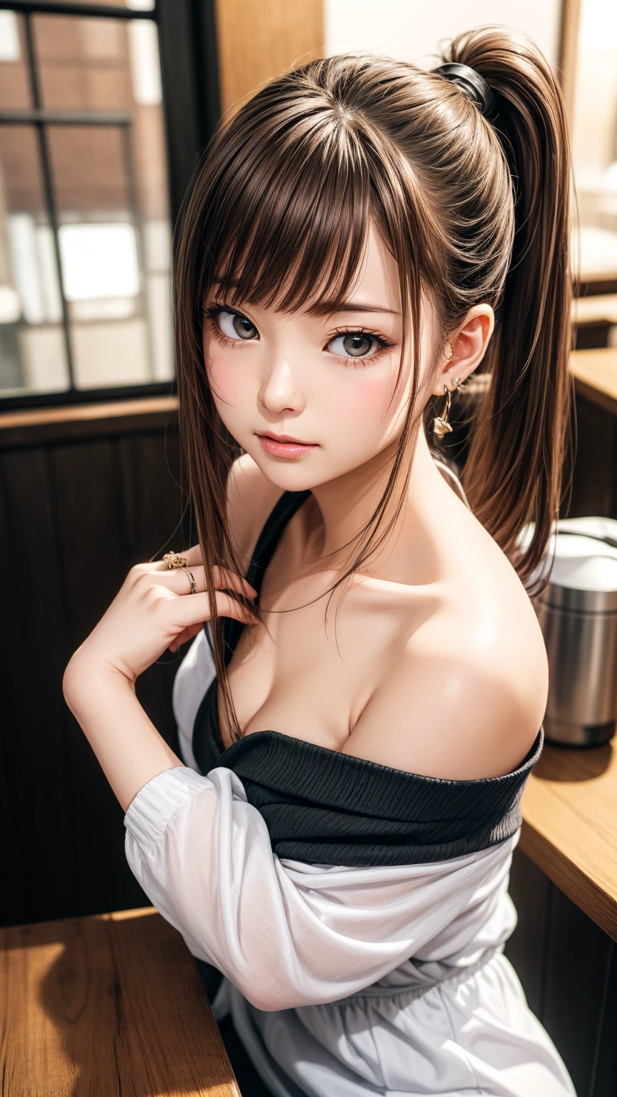 8K quality、High resolution、Realistic skin texture、High resolutionの瞳、Man sitting、Female cafe owner being hugged by man、Brown long hair、、Ring piercing of the earlobe、A neat camisole、Dignified face、thin、Model body type、Ripe body、Neat 30 year old woman、Off the shoulder、Shoot in the back、Up ponytail、