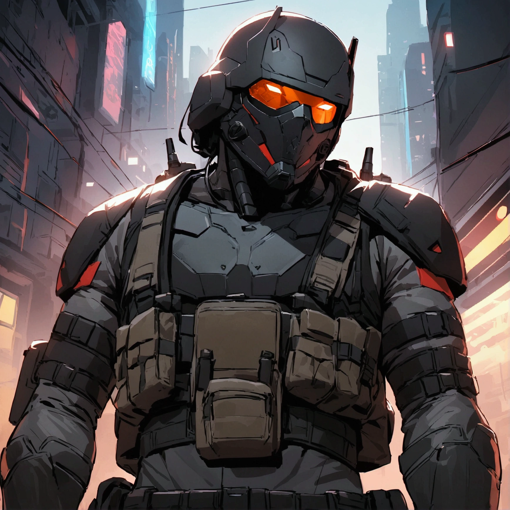 high detailed, Male, full-face helmet. matte black helmet with a smooth, curved surface, plain helmet, grey bodysuit tight shirt. webbing rig, grey cargo pants, V shaped lenses. Black Jacket, Black and red jacket, Open jacket. Halfbody view, mercenary, black jacket, cyberpunk, tactical soldier, webbing rig, Cyberpunk, tactical gear, cyberpunk, Male, Man, Masculine man, Deathstroke helmet