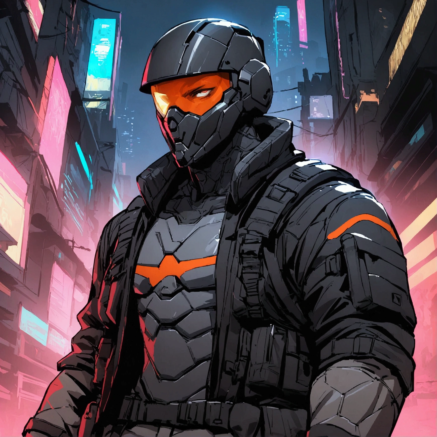 high detailed, Male, full-face helmet. matte black helmet with a smooth, curved surface, plain helmet, grey bodysuit tight shirt. webbing rig, grey cargo pants, V shaped lenses. Black Jacket, Black and red jacket, Open jacket. Halfbody view, mercenary, black jacket, cyberpunk, tactical soldier, webbing rig, Cyberpunk, tactical gear, cyberpunk, Male, Man, Masculine man, Deathstroke helmet