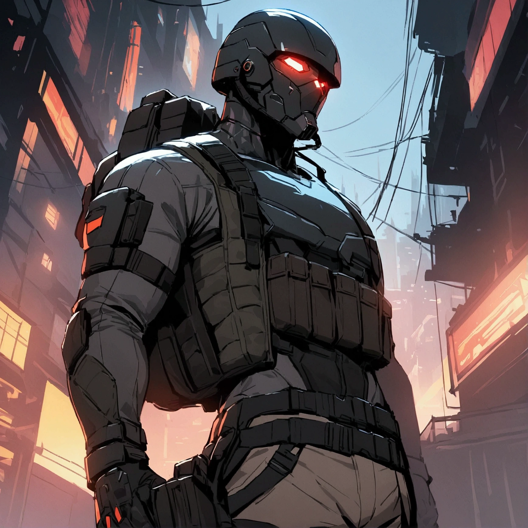 high detailed, Male, full-face helmet. matte black helmet with a smooth, curved surface, plain helmet, grey bodysuit tight shirt. webbing rig, grey cargo pants, V shaped lenses. Black Jacket, Black and red jacket, Open jacket. Halfbody view, mercenary, black jacket, cyberpunk, tactical soldier, webbing rig, Cyberpunk, tactical gear, cyberpunk, Male, Man, Masculine man, Deathstroke helmet