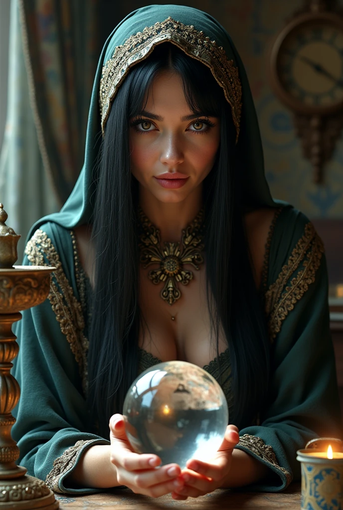 woman, long straight black hair, medium bust, head cloth, dressed as a card fortune teller, crystal ball, gypsy, looking at the camera, photorealistic