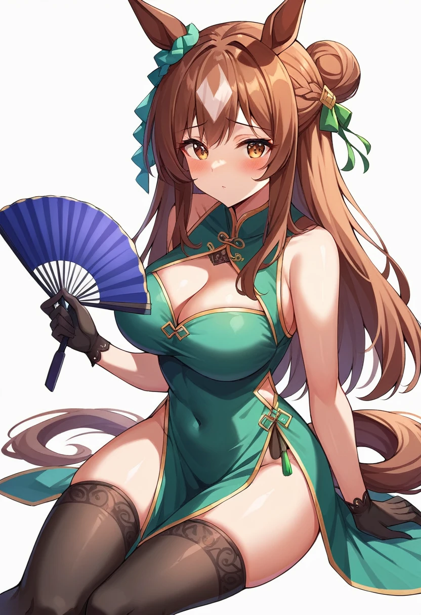 satono diamond (umamusume), 1girl, solo, long hair, breasts, looking at viewer, blush, bangs, large breasts, simple background, brown hair, thighhighs, gloves, white background, dress, holding, animal ears, cleavage, bare shoulders, brown eyes, sitting, tail, thighs, sleeveless, black gloves, black thighhighs, clothing cutout, covered navel, sleeveless dress, chinese clothes, cleavage cutout, horse ears, horse girl, china dress, hand fan, pelvic curtain, horse tail, half updo, green dress, folding fan, holding fan, ear ornament, ear ribbon