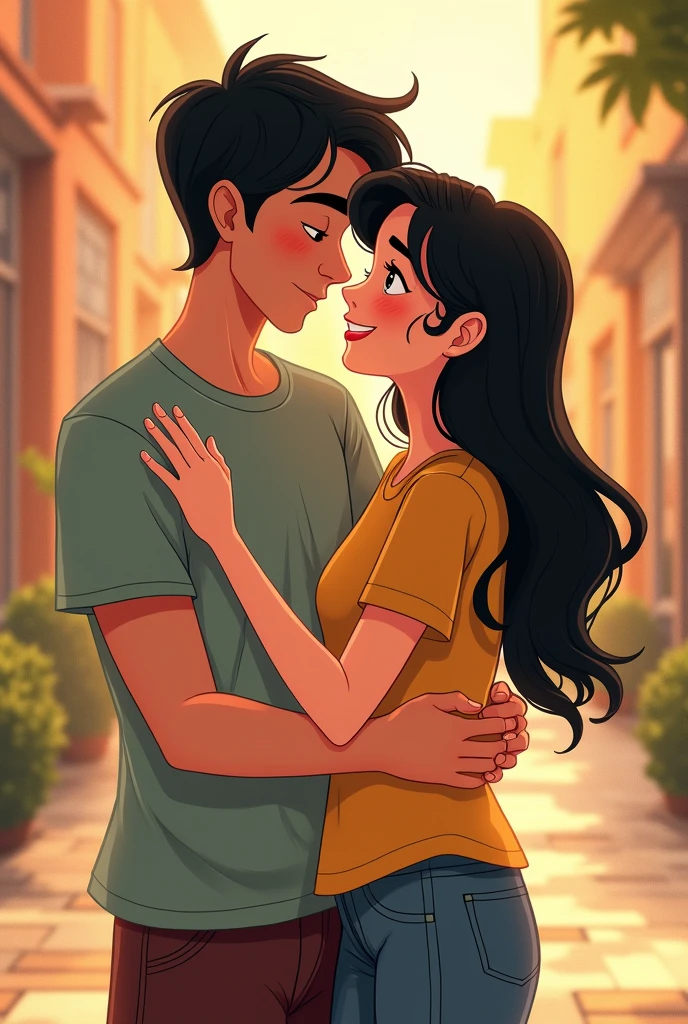 Animated Disney drawing of a young couple with big bodies in loose t-shirts, a black-haired man and a dark-brown-haired woman with a Disney background and matching clothes and hugging each other 