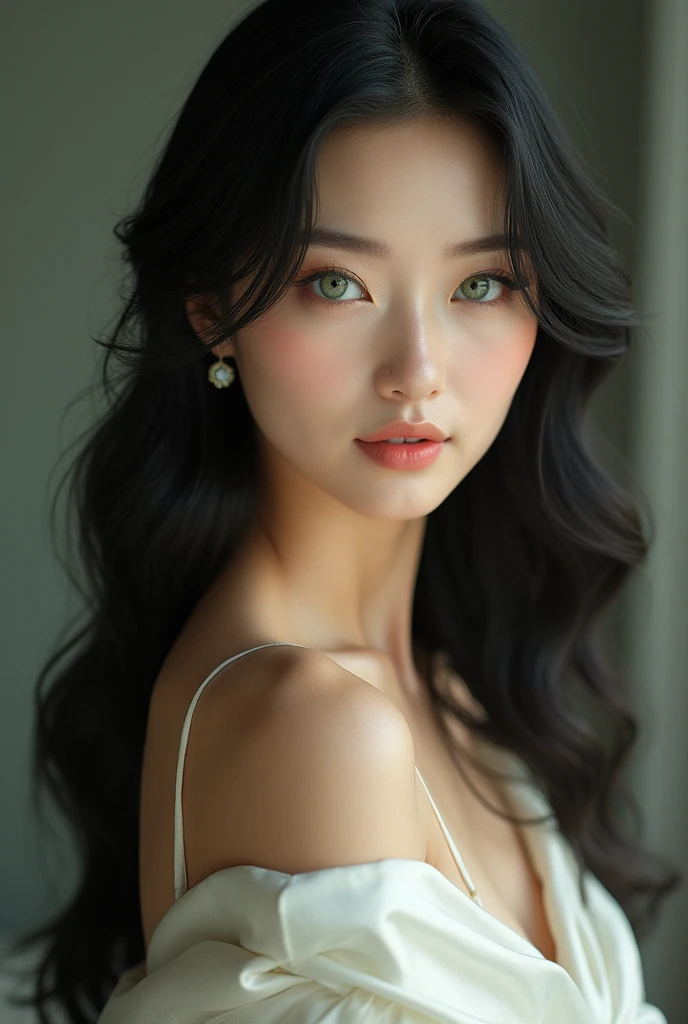 An very beautiful woman with green eyes, white skin, black hair, with silk dress, korean.