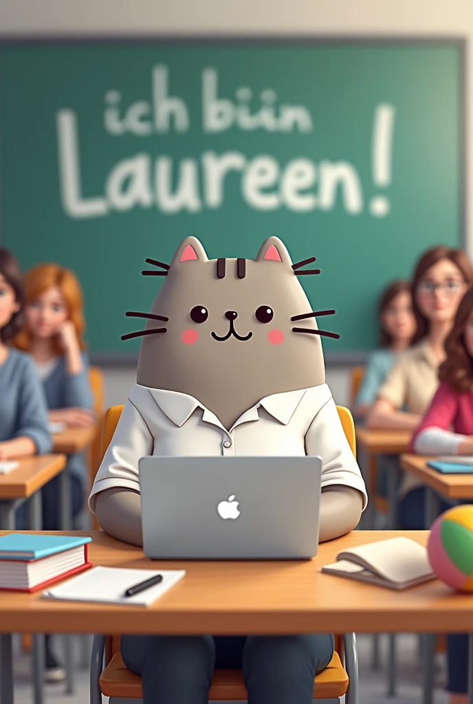 Create an image of a young female teacher depicted as the character Pusheen, sitting in a B2 German language class. She is seated at a desk with a silver MacBook, a few books, and a medium-sized colorful ball on the desk. Behind her is a large electronic smartboard displaying the text 'Ich bin Laureen.' The classroom has students who are around 30 years old