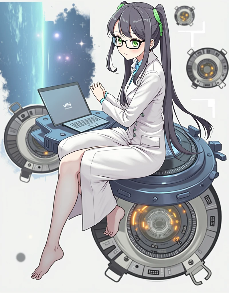 anime girl wearing glasses with ponytails sitting on machine with laptop and space in background, (ponytail forehead hair pulled back:1.3), (black hair:1.3), anime girl of the future, alchemist girl, labcoat, portrait anime space cadet girl,anime style, from girls frontline, fine details. girls frontline, girls frontline universe, girls frontline style, girls frontline, girls frontline cg, soft anime illustration, 2 0 2 2 anime style, 2022 anime style, pixiv contest winner, pretty anime character design, render of april Estimate