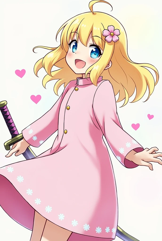 Screenshot of kimetsu no yaiba make a blonde haired girl with a small flower on her head with blue eyes and she is smiling widely she is wearing a pastel pink trench coat with white details on the bottom of the trench coat she has some hearts underneath she has the kimetsu no yaiba hunter uniform make it with the kimetsu no yaiba style with katana