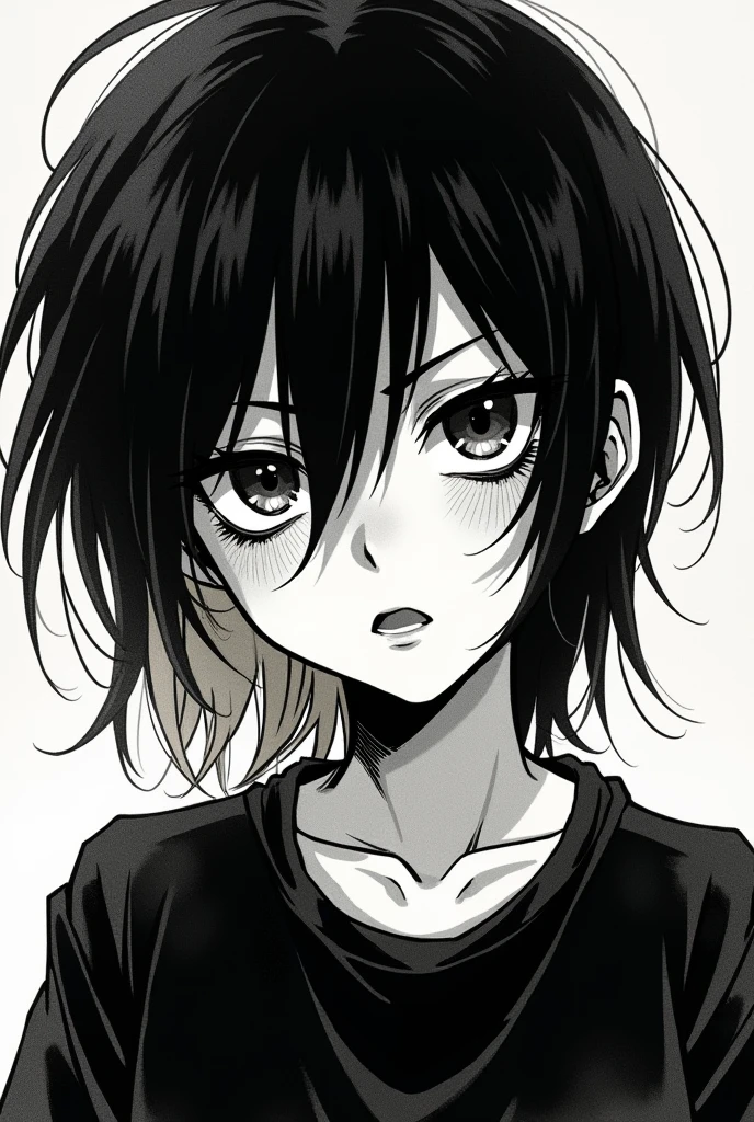 Make me a picture of a y2k type boy, grunge emo of someone with the pum pum face from the oyasumi pumpum manga with black hair and blonde highlights and in the style of death note in black and white, old manga type