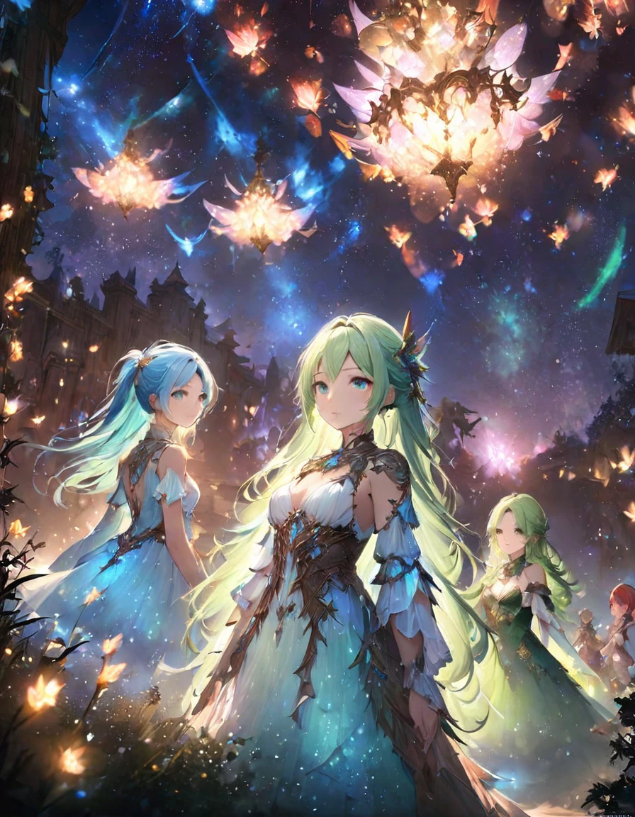 Highest quality、masterpiece、Very detailed、Finely detailed、High resolution、8k wallpaper、Fine and beautiful eyes、Three Girls（Red Haired Girl、Blue Hair Girl、Green-haired girl）、Fantasy、Countless firefly-like lights are flying