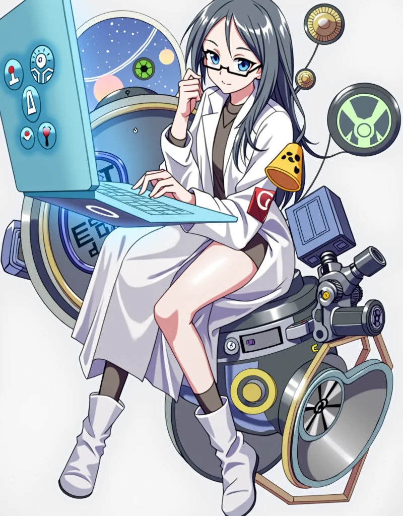 anime girl wearing glasses with ponytails sitting on machine with laptop and space in background, (ponytail forehead hair pulled back:1.3), (black hair:1.3), anime girl of the future, alchemist girl, labcoat, portrait anime space cadet girl,anime style, from girls frontline, fine details. girls frontline, girls frontline universe, girls frontline style, girls frontline, girls frontline cg, soft anime illustration, 2 0 2 2 anime style, 2022 anime style, pixiv contest winner, pretty anime character design, render of april Estimate