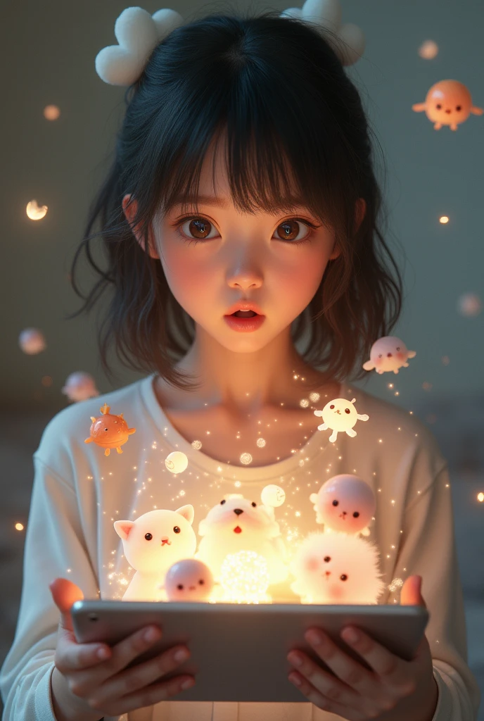 Realistic Photo Japanese girl with surprised face,holding tablet, while small magical and cute creatures and things come out from screen,(best quality,4k,8k,highres,masterpiece:1.2),ultra-detailed,(realistic,photorealistic,photo-realistic:1.37),HDR,UHD,studio lighting,ultra-fine painting,sharp focus,physically-based rendering,extreme detail description,professional,vivid colors,bokeh,fantasy,surreal,digital art,cinematic lighting,dramatic lighting,soft pastel colors,glowing magical effects,whimsical,adorable,cute,magical realism