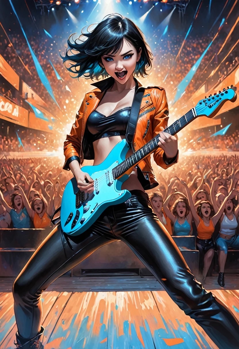 illustration, detailed illustration, ultra detailed, dynamic angle, 30 year old woman, short black hair, hair with cyan streaks, mismatched eyes, orange eye, blue eye, lean, medium breasts, black bikini top, black leather pants, orange leather jacket, playing cyan electric guitar, dark arena, stage, audience, dynamic pose, snarl, mean face