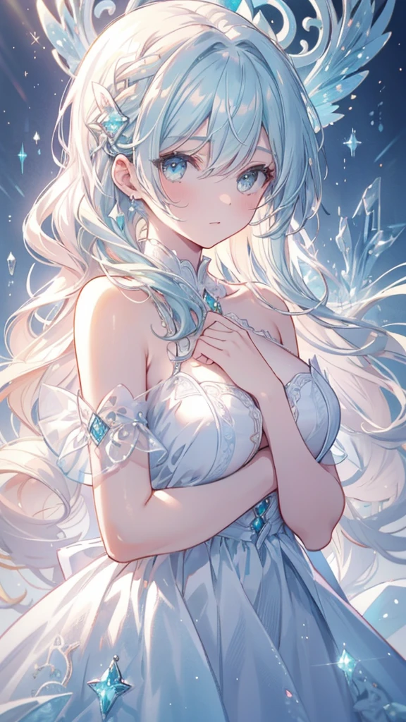 (Highest quality, highest resolution, ultra detailed, ultra detailed eyes, delicate eyes, sparkling eyes,) 1 girl, pale golden hair, long hair, soft loosely curled hair, pale aquamarine eyes, pure white dress with a transparent feel, sparkling aquamarine hair accessory, aquamarine castle, sparkling world, big breasts, beautiful breasts, exposed underboob, aquamarine scattered throughout, sparkling snow