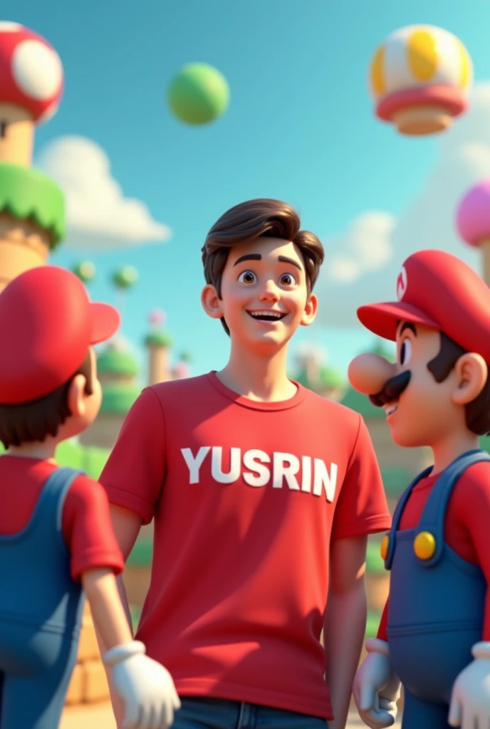 A man 20 years old wearing red t-shirt lebeled Yusrin and partner friends Mario, games super Mario background 3d