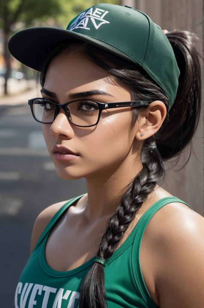 there is a latina woman with glasses and a baseball cap, close up, an edgy assassin, diesel punk female, (black hair, straight, messy, ponytail) brown skin, green eyes, thick eyebrows, thin frame, fitness model,
