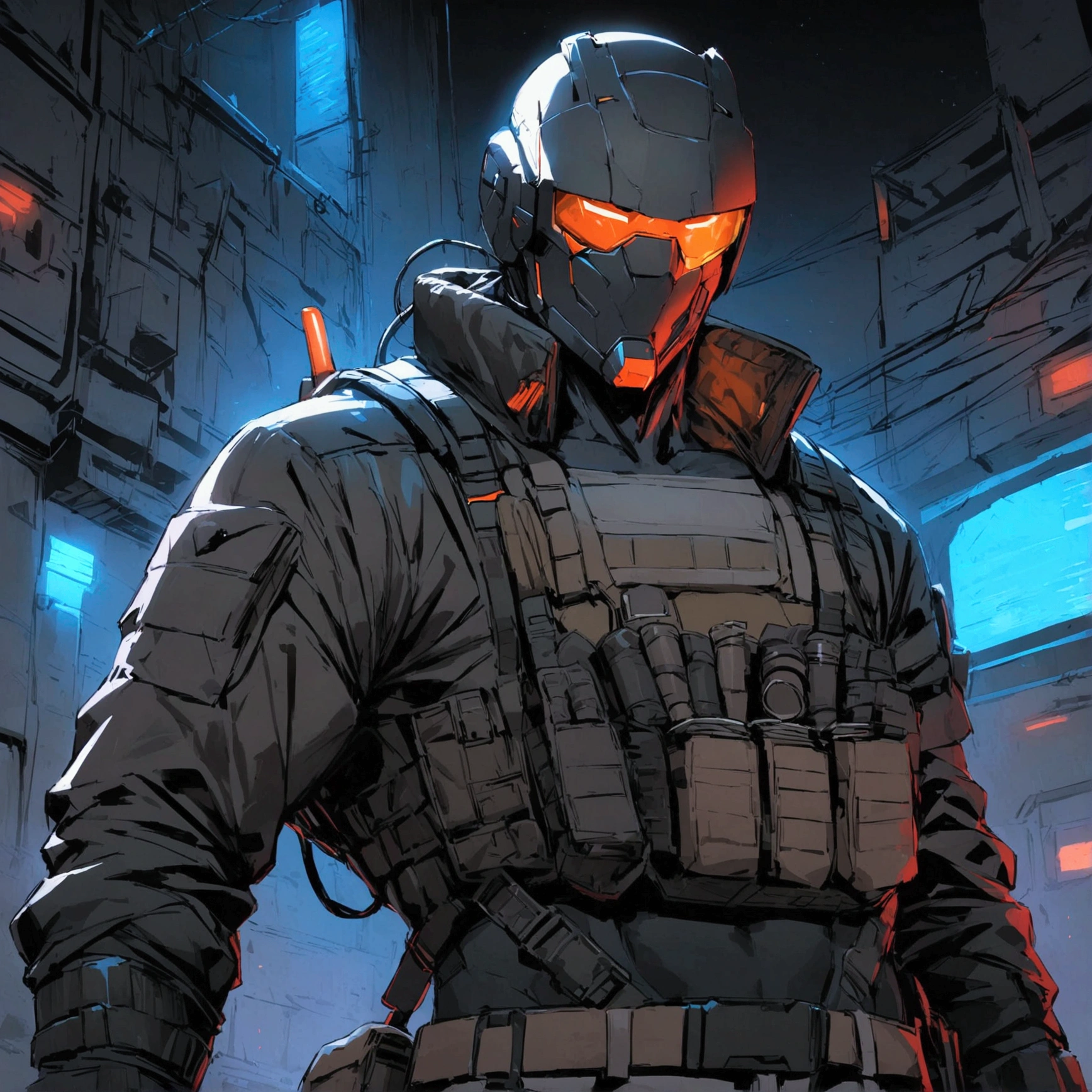 high detailed, Male, full-face helmet. matte black helmet with a smooth, curved surface, plain helmet, grey bodysuit tight shirt. webbing rig, grey cargo pants, V shaped lenses. Black Jacket, Black and red jacket, Open jacket. Halfbody view, mercenary, black jacket, cyberpunk, tactical soldier, webbing rig, Cyberpunk, tactical gear, cyberpunk, Male, Man, Masculine man, Deathstroke helmet