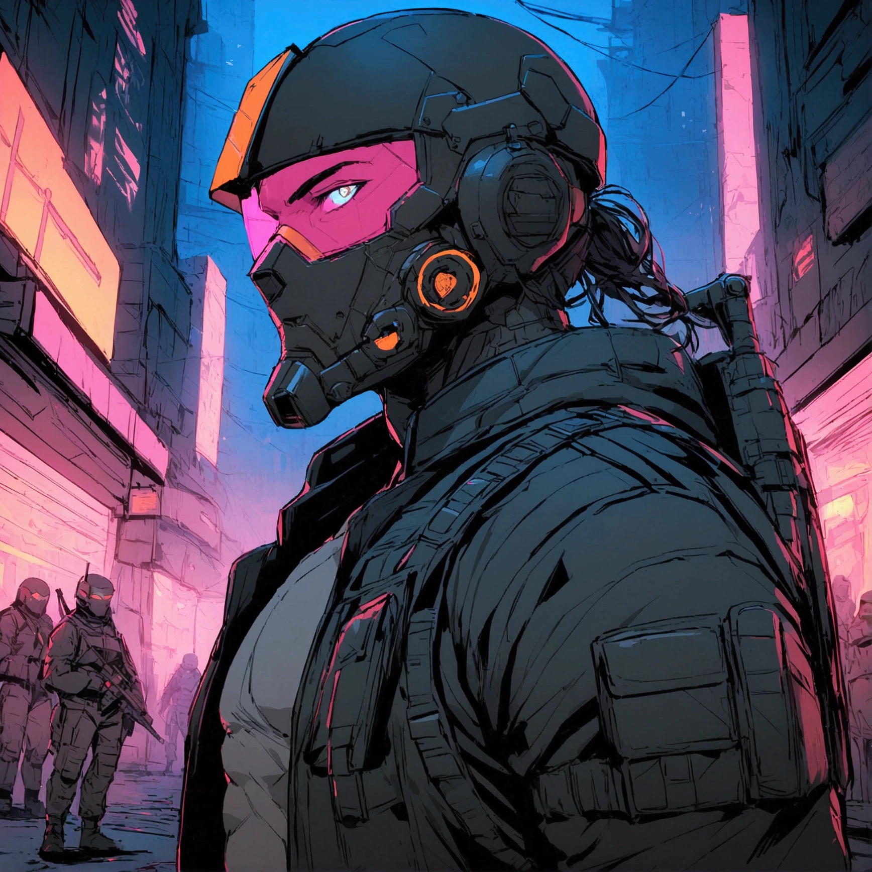 high detailed, Male, full-face helmet. matte black helmet with a smooth, curved surface, plain helmet, grey bodysuit tight shirt. webbing rig, grey cargo pants, V shaped lenses. Black Jacket, Black and red jacket, Open jacket. Halfbody view, mercenary, black jacket, cyberpunk, tactical soldier, webbing rig, Cyberpunk, tactical gear, cyberpunk, Male, Man, Masculine man, Deathstroke helmet