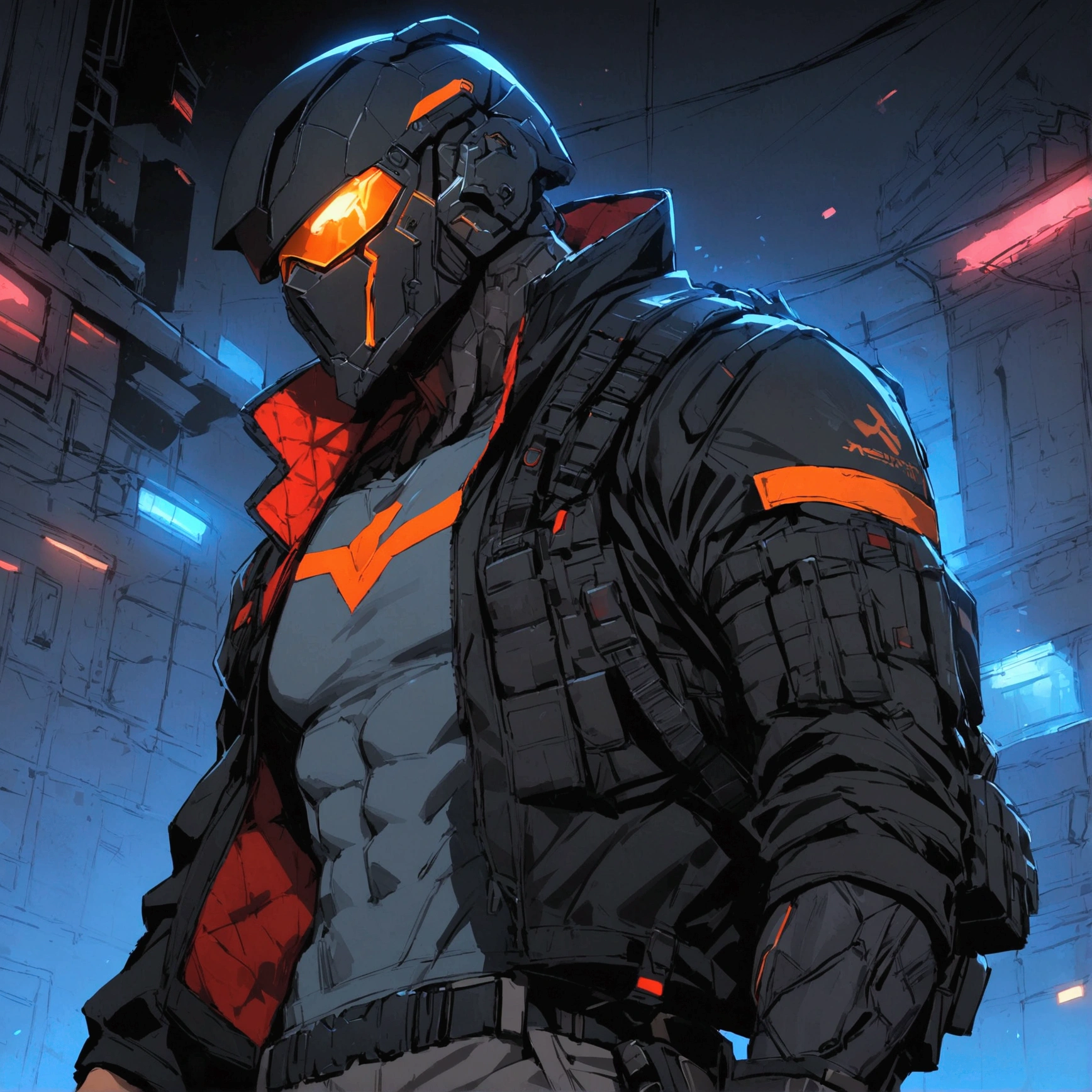 high detailed, Male, full-face helmet. matte black helmet with a smooth, curved surface, plain helmet, grey bodysuit tight shirt. webbing rig, grey cargo pants, V shaped lenses. Black Jacket, Black and red jacket, Open jacket. Halfbody view, mercenary, black jacket, cyberpunk, tactical soldier, webbing rig, Cyberpunk, tactical gear, cyberpunk, Male, Man, Masculine man, Deathstroke helmet