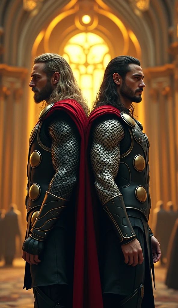 6-Thor and Loki, a god and a trickster together, Norse mythology, Thor in battle armor and Loki in a mischievous stance, Asgard, standing side by side but with tension between them, with the golden halls of Asgard in the background, medium shot, hyper-realistic, photo realism, cinematography --ar 9:16