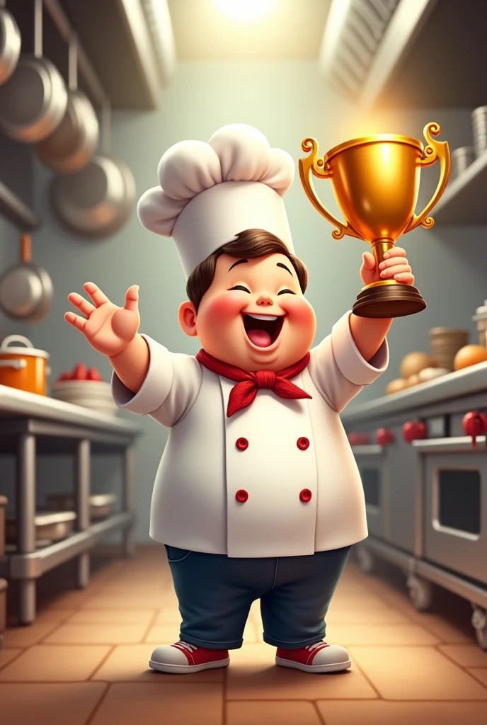 Draw me a picture , The chubby boy is the head chef holding the golden cup.