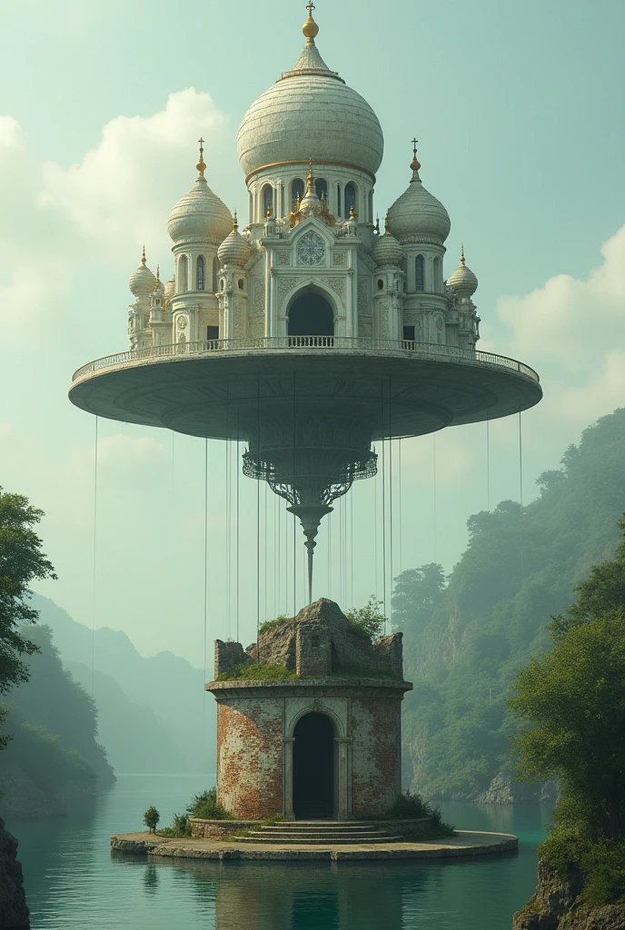 One structure is floating above another, The first one is kept floating by the thread that the island below has. The floating structure means a beautiful structure and on the other hand the structure below represents how it really is., a faded structure, without grace or character and sad.