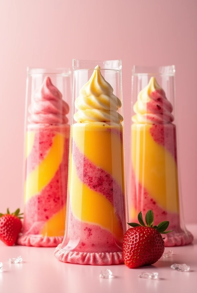I want to create an image of homemade fruit ice cream in transparent cylindrical bags 