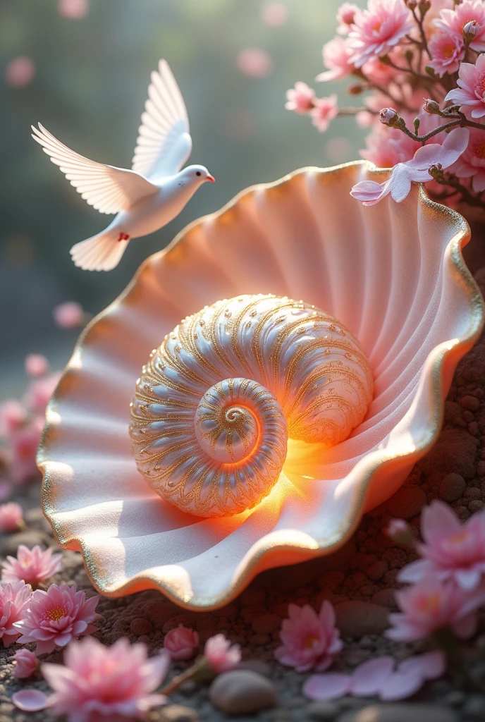 a shell with pearl,golden and pink with doves flying around it and pink flowers written Refúgio de Afrodite Sexshop