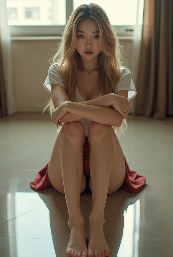 A beautiful korean girl, ((Sit with your knees bent)), front view, (Wearing short sleeve shirt and red tartan mini skirt and facing the camera))、((mirror floor, reflections:1.3)), (squatting bench), , bare feet, bare legs, sexy slender body, sexy legs, blond long wavy hair, detailed beautiful brown eyes, detailed hair, detailed skin, ((I can see your white panties from the reflections)), very detailed、high resolution、transcendent beauty best quality、masterpiece, 8K, ultra sharp focus, highly detailed, open wide legs, inside an apartement's room background, hyper realistic, ultra realistic