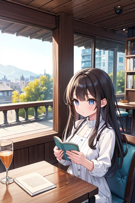 ((High resolution, High-resolution model, Highest quality))One girl, solo, Cafe,Table seating,reading,One Book,Cups on the table,Seats with a view outside,Peaceful space,Chic décor,Look at the book