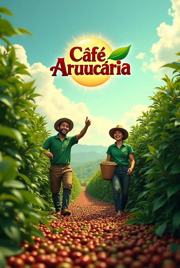 Coffee harvest with happy workers in green uniforms and a “Café Araucária” brand logo in the sky