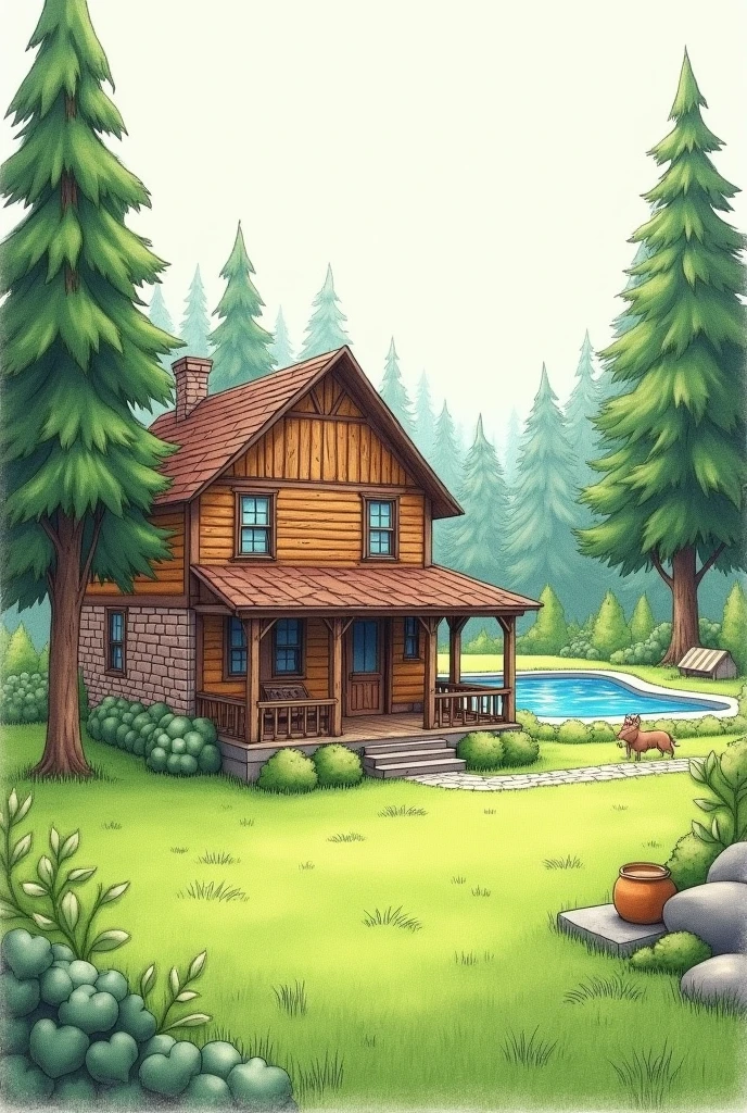 Draw a two-story wooden and brick farmhouse with a green yard in pencil, 5 pines and a pool 