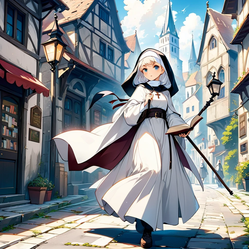 Medieval Europe,During the day,A nun in white monastic robes,Holding a short staff,A book hangs on the belt,Strolling the city streets。Mid-ground composition,Anime style,Game illustration style,Magic style,Suitable for card illustrations。