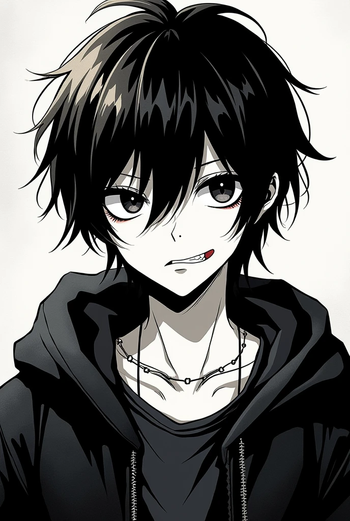 Make me a picture of a y2k type boy, grunge emo of someone with the pum pum face from the oyasumi pumpum manga with black hair and blonde highlights and in the style of death note in black and white, old manga type, meme type