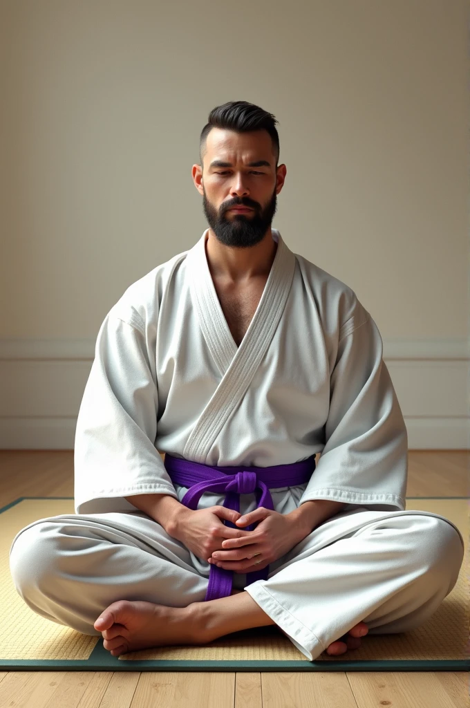 white male, shorth hair, with beard, wearing white kimono with purple belt. He is on a karate mat.