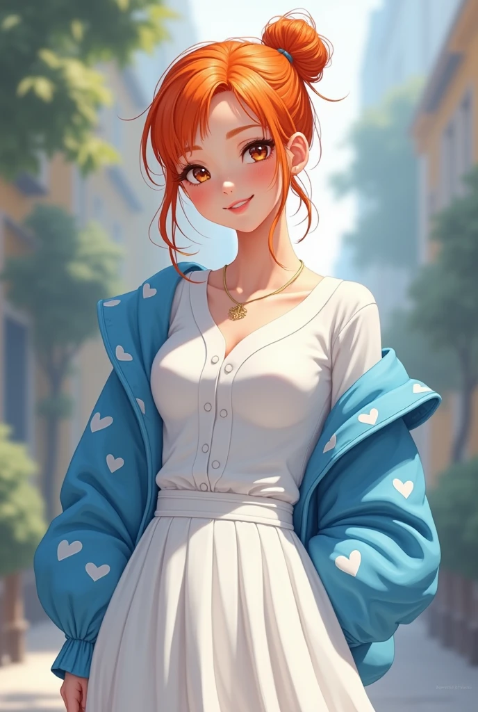 Female character with orange hair, a white skirt, a white blouse, a blue jacket with white hearts, a bun in the back of her hair