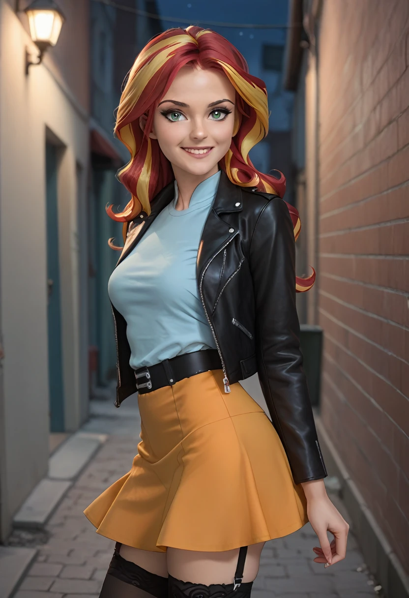 Sunset shimmer from the movie "Mlp equestria girls", by address, seductive look, winking, looking at the viewer, bare breasts,, black leather jacket, blue blouse, orange skirt, She lifts her skirt with her hands to show her sexy black panty, black thigh high stockings , garter belt in each stocking., in an alley at night.