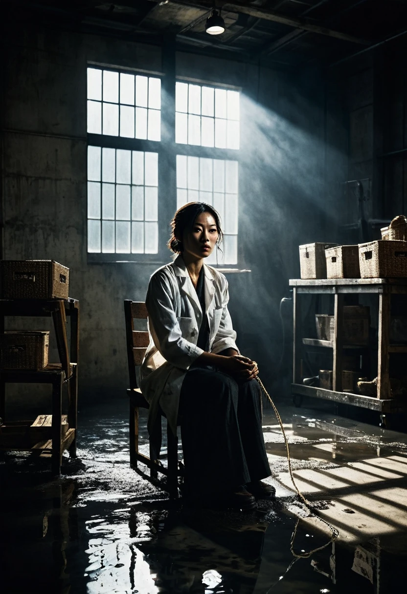 Inside a warehouse, high ceiling with exposed beams, dusty light coming through a window, Misaki tied to a wooden chair in the center, spotlight from a hanging bulb, determination on her bruised face, dirty lab coat, sweat beading on her forehead, rope digging into her wrists, dark silhouette of a man holding a gun, old machines and wooden boxes casting ominous shadows, puddles on the concrete floor reflecting light, dripping water in the distance, rats running in the corner, tension in the air, high-contrast noir lighting. and crates cast ominous shadows, puddles on concrete floor reflecting light, distant dripping sound, rats running around in corner, tension in air, high contrast noir lighting, hard textures, thriller film stills, ultra detailed, 8K --AR 16:9 --stylized 1000