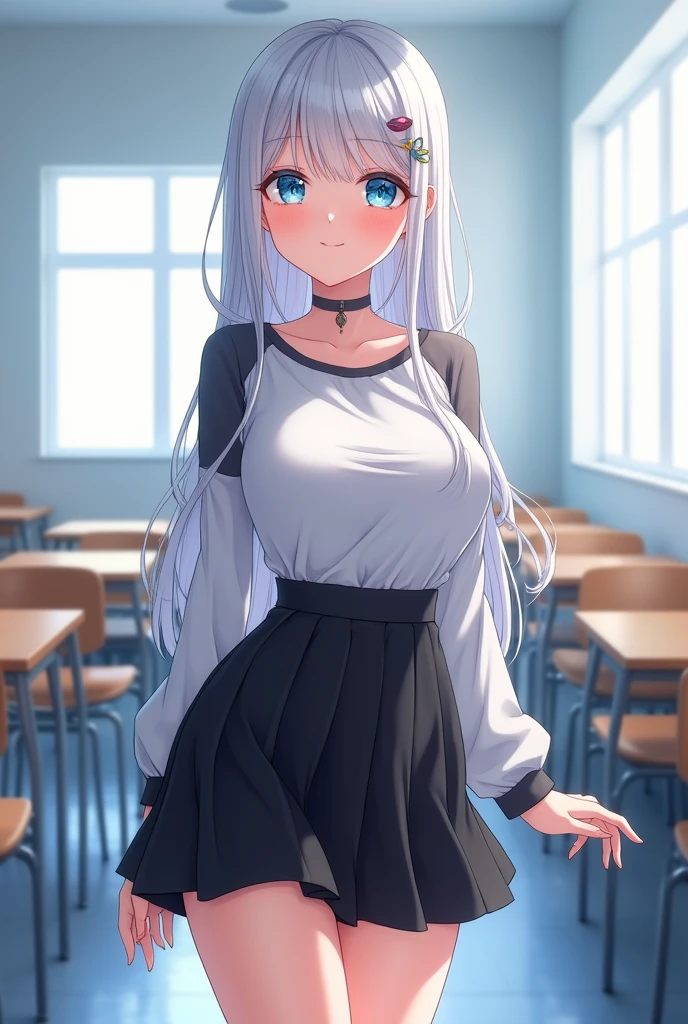 Beautiful young girl is looking at the viewer,1girl,long silky sliver hair,beautiful light blue eyes, white grey shirt ,sexy black skirt,big breasts,sexy thighs,standing pose,blushing,smile,day time,classroom,anime,masterpiece,very high quality,8k