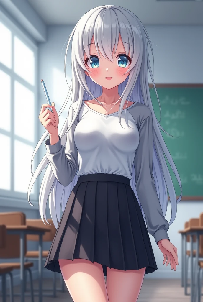Beautiful young girl is looking at the viewer,1girl,long silky sliver hair,beautiful light blue eyes, white grey shirt ,sexy black skirt,big breasts,sexy thighs,standing pose,blushing,smile,day time,classroom,anime,masterpiece,very high quality,8k