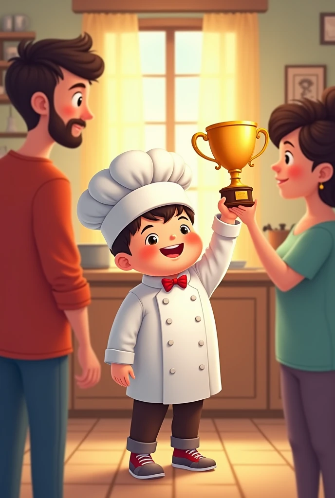 Draw me a picture , The chubby boy with chubby cheeks is the head chef, holding the golden cup to show off to his parents.