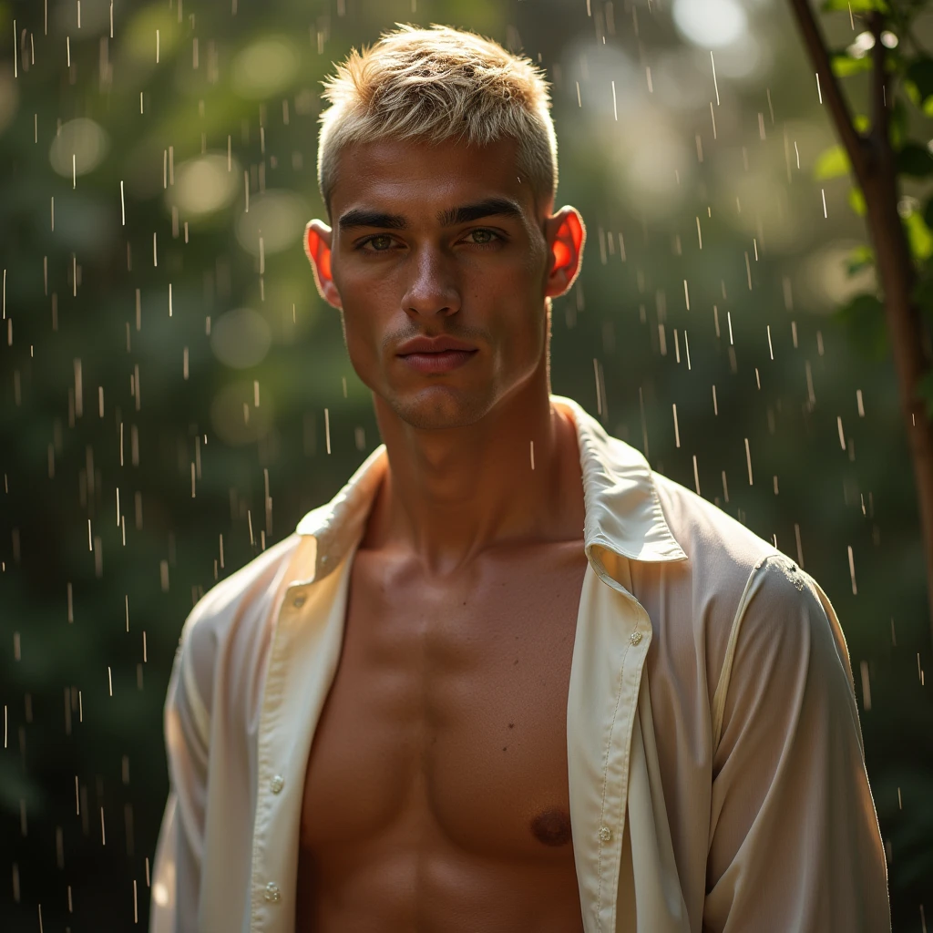 fashion editorial photo, a charming male supermodel, ((Latino male supermodel)), graces the scene with his magnetic presence, short blonde undercut hairstyle framing his delicate and symmetric face, exudes a masculine yet tender allure. small pectorals and slender physique are complemented by a natural pale skin tone, radiating youthfulness, athleticism, and sexual intimacy. emphasizing the contours of his abs, pecs, and torso. His skin appears tanned and slightly oiled or sweating, enhancing the sheen and highlighting the play of light on his defined body
standing in the rain, elegance and sophistication of the scene, ((in a sexual inviting pose)), wearing wet white sheer silk outfits, see though fabric with accentuating his wet toned physique and showcasing his thick cock line under the wet pants, adding to the sensuality of the image.
Surrounded by fresh scene exudes a whimsical and enchanting atmosphere. The model's relaxed pose and captivating gaze draw the viewer in inviting them to bask in the serene ambiance of the betting, sexy eyes.
The camera angle is a dramatic angle, looking up at the model from below, creating a sense of power and dominance in the composition, Captured from a dynamic angle, the focus of the photo is on the model's alluring presence and the delicate interplay of light and shadow on his skin. Soft warm light bathes the scene, creating a romantic ambiance and enhancing the overall allure.
Photographed with Canon EOS R6, Sigma AF 85mm F1.4 by Thomas Synnamon, professional photographer, the image boasts unparalleled quality and attention to detail. The layering and arrangement of body parts and surrounding objects are carefully considered to ensure a flawless composition. Ultimately, this masterpiece celebrates the beauty of the male body form and invites viewers to immerse themselves in a world of sophistication and charm, with its seductive lighting, intricate details, and romantic atmosphere, wet skin, thick flaccid penis focus,