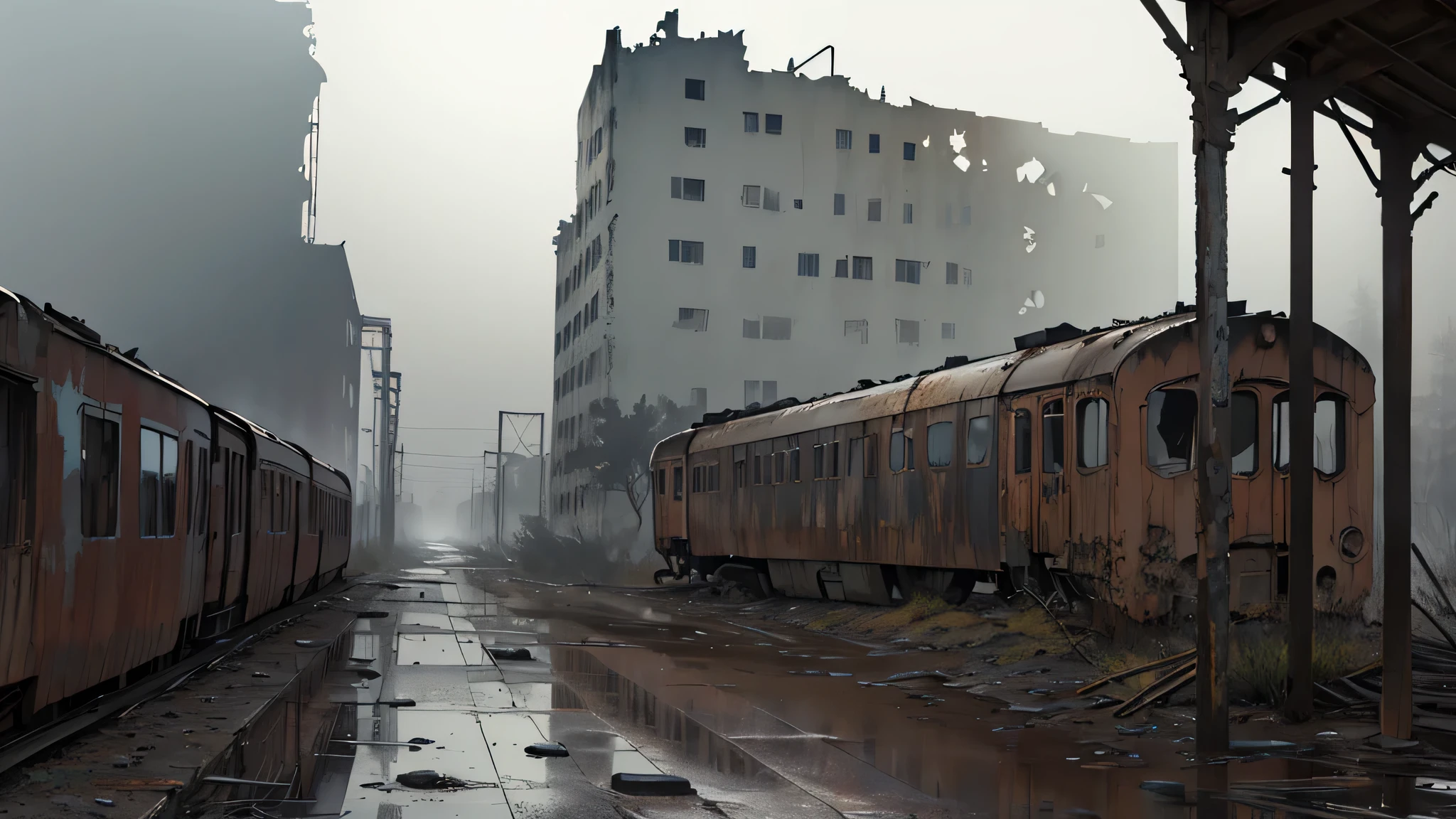 A train，Very shabby，Latter-day feeling，In the distance is the ruined city，Dark，The weather is gloomy