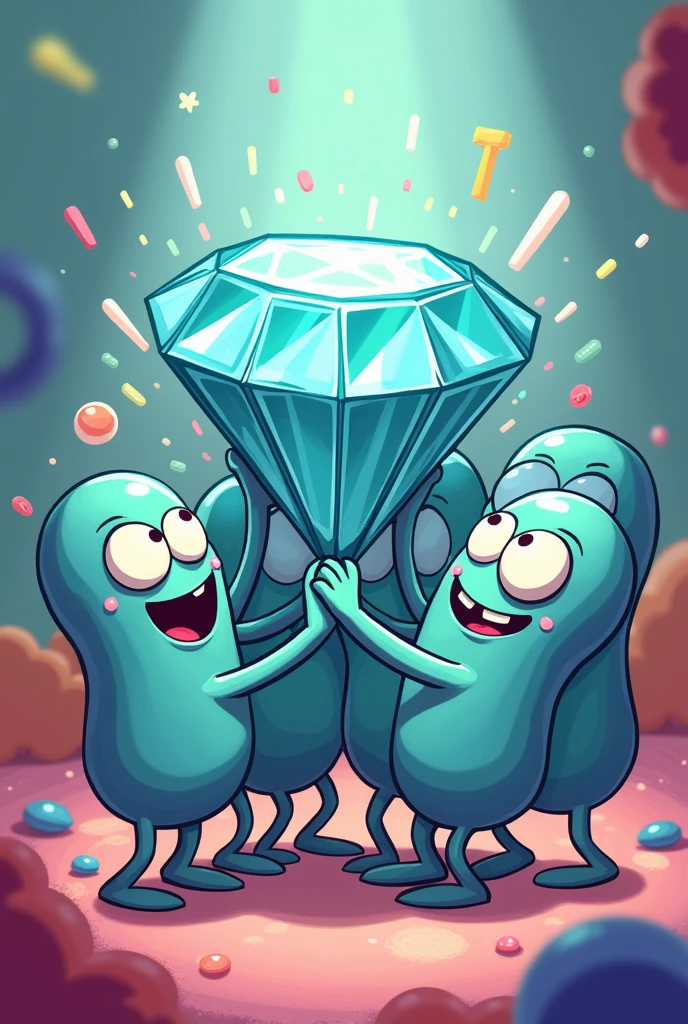 cartoon bacteria grabbing or holding a diamond