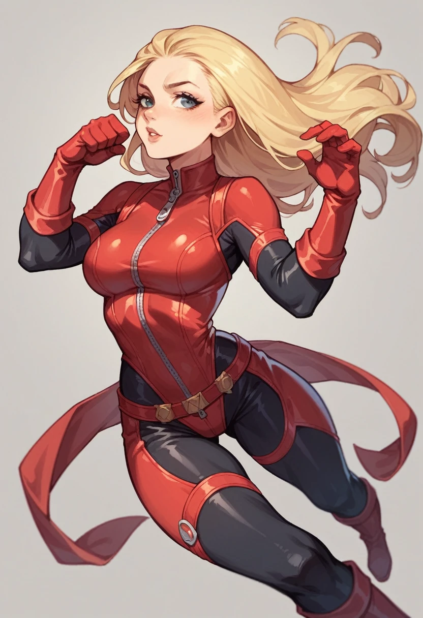 1girl, comics, long blonde hair, red bodysuit with black parts, red gloves, red boots, dual katanas
