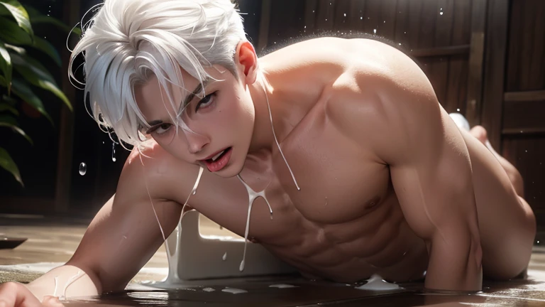 A young boy with white hair，fair skin，handsome，The triangle briefs are wet, so I took half of them off.，裸上半身Soaked in milk，Showing six-pack abs and chest muscles with water droplets on them，Soaked in milk，纖細長腿Soaked in milk，The bottom highlight is very large and dripping，Soaked in milk，Tilting their head back, they wore an expression of comfort.，Sticking out tongue，covered in milk，lie on the floor，There&#39;s milk on your face too，身上Soaked in milk，Complete character，To the light，The light shines on the abdominal muscles，Two people hugging each other&#39;s waist，The characters are smaller