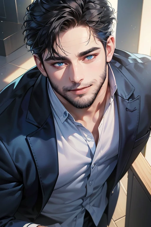 a handsome 3 man, 3 day beard, dark hair, sharp jawline, (mesmerizing blue eyes), perfectly styled hair, wearing cool anime outfitt, dynamic lighting, (CEO), (expression, smile in love), (best quality,4k,8k,highres,masterpiece:1.2),ultra-detailed,(realistic,photorealistic,photo-realistic:1.37)