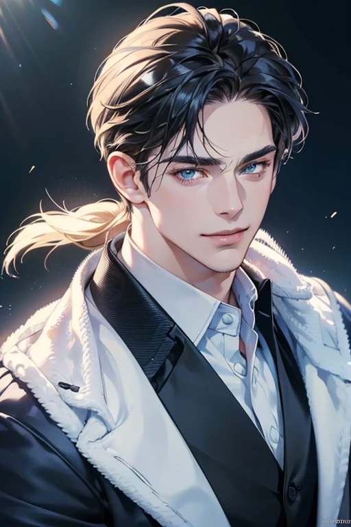 a handsome 3 man, 3 day beard, dark hair, sharp jawline, (mesmerizing blue eyes), perfectly styled hair, wearing cool anime outfitt, dynamic lighting, (CEO), (expression, smile in love), (best quality,4k,8k,highres,masterpiece:1.2),ultra-detailed,(realistic,photorealistic,photo-realistic:1.37)